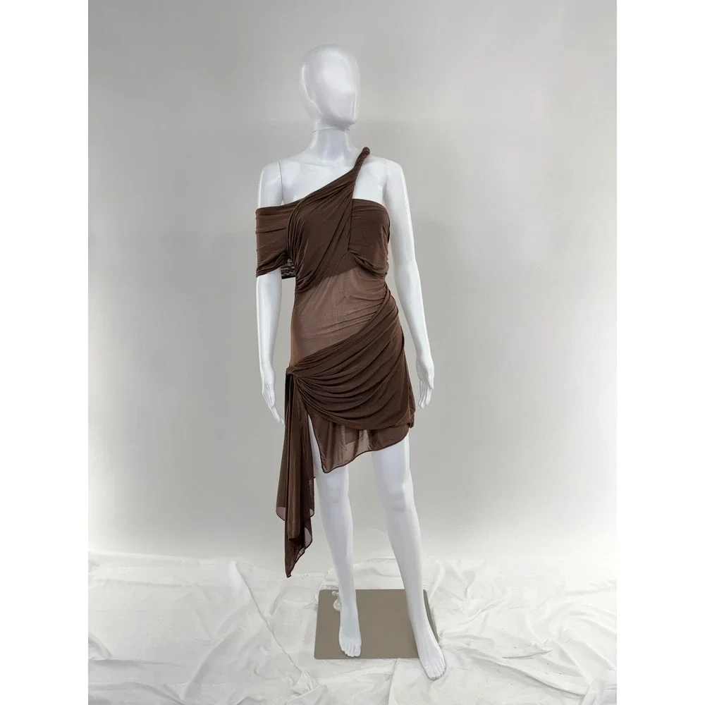 Ronny Kobo Brown One Shoulder Ruched Sheer Draped Mini Dress Size L - Picture 3 of 11